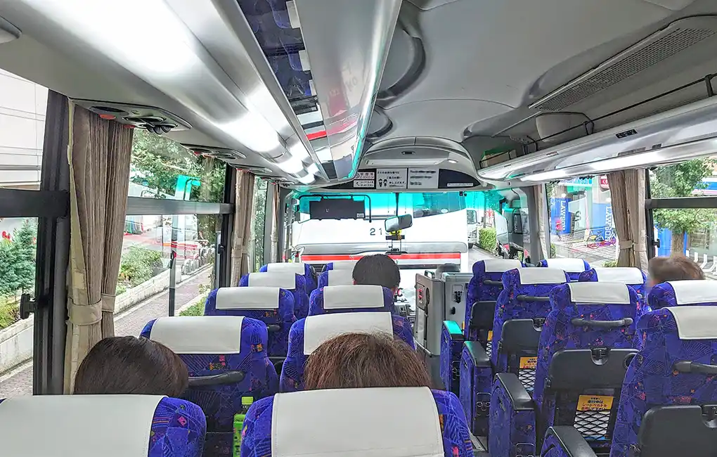 Interior of a chartered tour bus used for group tours
